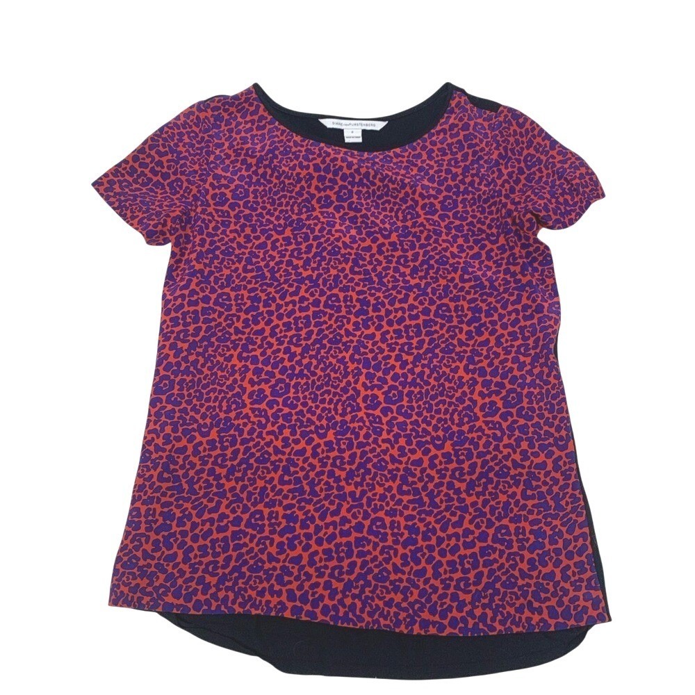 Diane von Furstenberg DVF Silk Leopard Print Mixed Media Top Red Purple Black 0